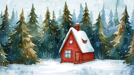 a cute little red A-frame cabin in the woods