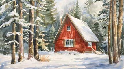 a red A-frame cabin in the woods, with snow on the roof and pine trees surrounding it
