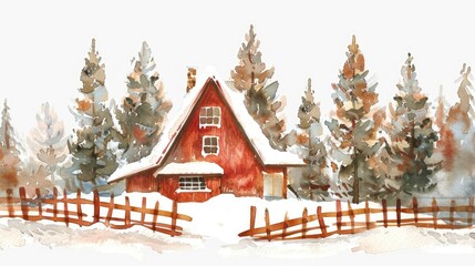 an A-frame lodge in the snow, surrounded by pine trees