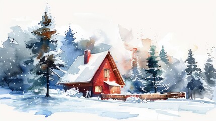 an A-frame lodge in the snow, surrounded by pine trees