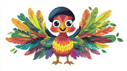 A cute cartoon turkey wearing an empty hat, vector illustration, colorful feathers, white background, simple flat style, simple lines and shapes, clear outline, bright colors, cute shape. The turkey i