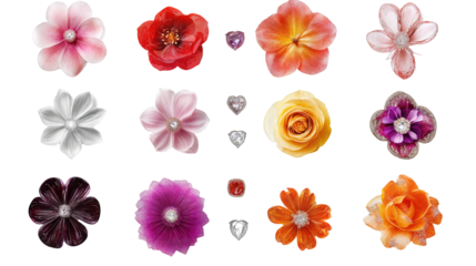 Bright and Colorful Variety of Decorative Flowers and Hearts Arranged Artistically on a White Background