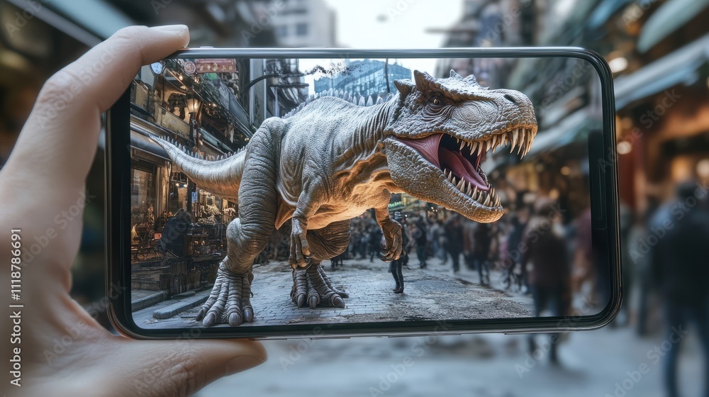 Poster a hand holds a phone with an augmented reality app. the screen projects an ar model of a dinosaur on