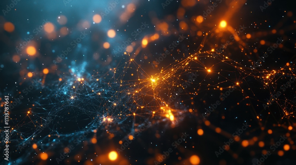Poster abstract digital network background with glowing connections and nodes in orange and blue colors. bi