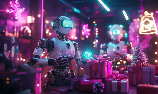 A futuristic holiday workshop with robotic artisans crafting glowing gifts surrounded by vibrant neon decor,