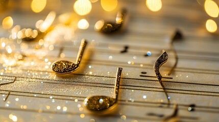 A music sheet paper with 3D glitter musical notes placed on a stave and staff. The design combines...