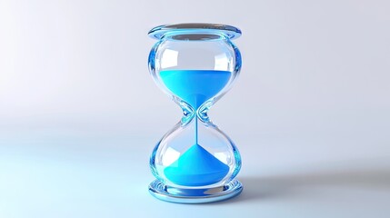 A sleek, modern hourglass with vibrant blue sand against a minimalist white background.