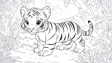Fototapeta premium Playful tiger coloring book, engaging page drawing outline jungle, wild wildlife kindergarten preschool illustration, cartoon adorable educational, cute animal fun.