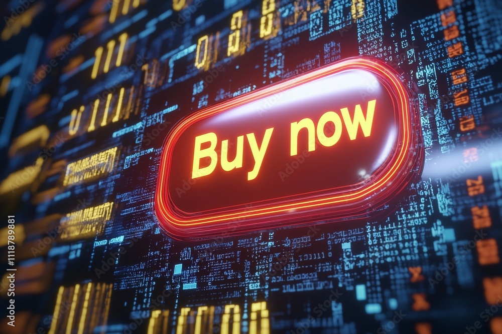 Poster a computer screen with a red button that says buy now
