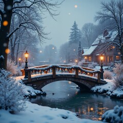 Charming winter scene with a snow-covered bridge adorned with lights, glowing lanterns, and a peaceful river