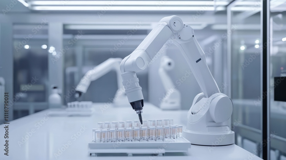 Poster automated pharmaceutical testing lab. a modern laboratory equipped with automated robotic arms testi