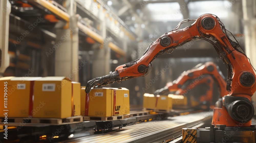 Poster automated robotic arms sorting packages on a conveyor belt in a warehouse setting, showcasing modern