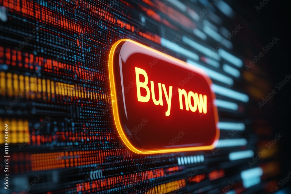 Poster a red button with the word buy on it is lit up