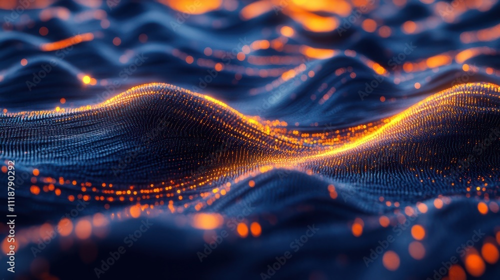 Poster big data concept. abstract dark blue orange fast moving binary computer data. high speed motion, art