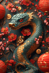 Obraz premium Illustration festive de l'Année du Serpent de Bois, avec serpent vert et or, lanternes rouges, lingots d’or et cerisiers en fleurs, entouré de feux d'artifice vibrants pour célébrer le Nouvel An chino