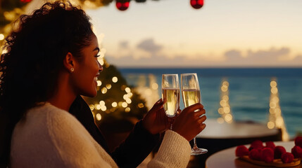 Romantic sunset celebration toasting with champagne at seaside