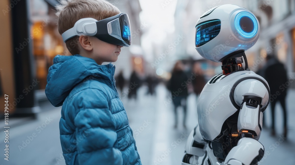 Aufkleber boy programs and controls the robot on the street via augmented reality technology concept