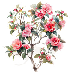 A watercolor drawing of a Camellia Bush, isolated on a white background. Camellia Bush vector.