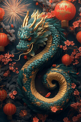 Obraz premium Illustration festive de l'Année du Serpent de Bois, avec serpent vert et or, lanternes rouges, lingots d’or et cerisiers en fleurs, entouré de feux d'artifice vibrants pour célébrer le Nouvel An chino