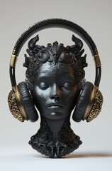 Obraz premium 3D rendering of exquisite black metal headphones with gold-accented ear cups and a dark goddess statue head in relief.