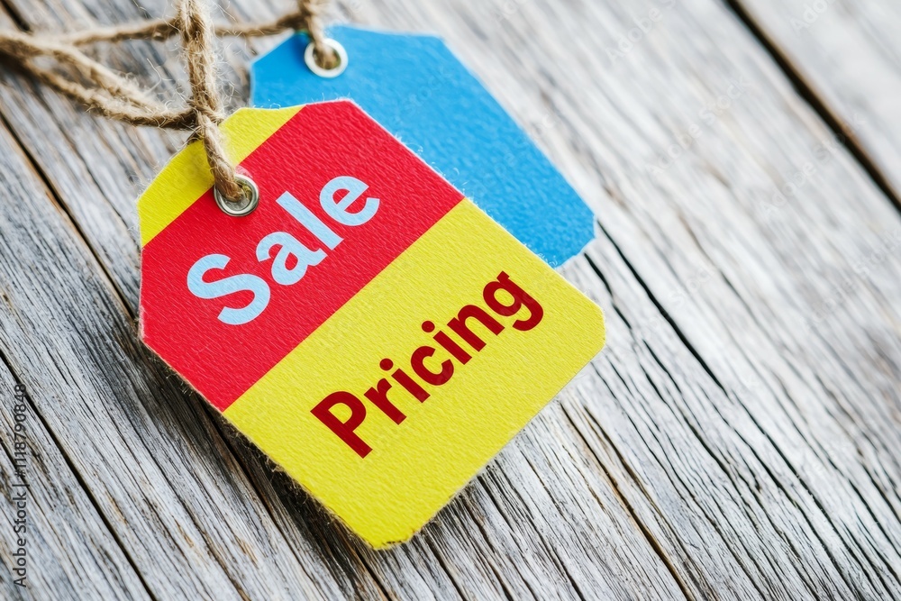 Poster two tags with the word sale on them are hanging from a string