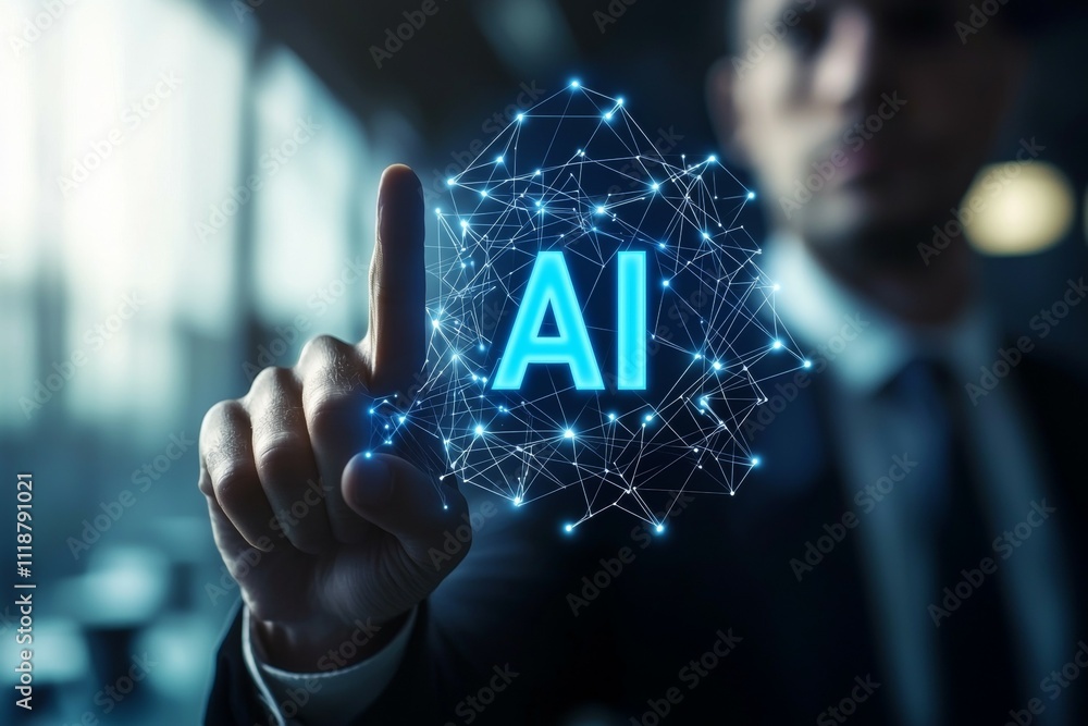 Poster a man is pointing at a blue and white image of a hand with the letters ai on it
