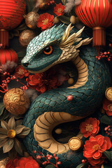 Obraz premium Illustration festive de l'Année du Serpent de Bois, avec serpent vert et or, lanternes rouges, lingots d’or et cerisiers en fleurs, entouré de feux d'artifice vibrants pour célébrer le Nouvel An chino