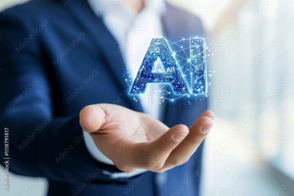 Poster a person is holding a hand up to a computer screen with the letters ai on it
