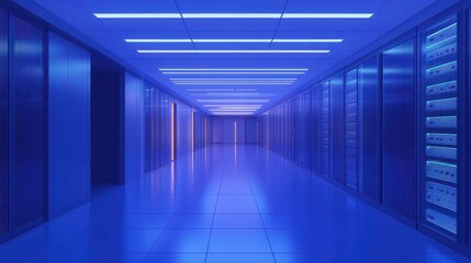 Obraz premium Cloud computing, big data storage, and internet telecommunications modern business concept: data center server room interior in blue light