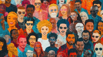 Obraz premium Colorful diverse people crowd abstract art seamless pattern. Multi-ethnic community, big cultural diversity group background illustration in modern collage painting style.