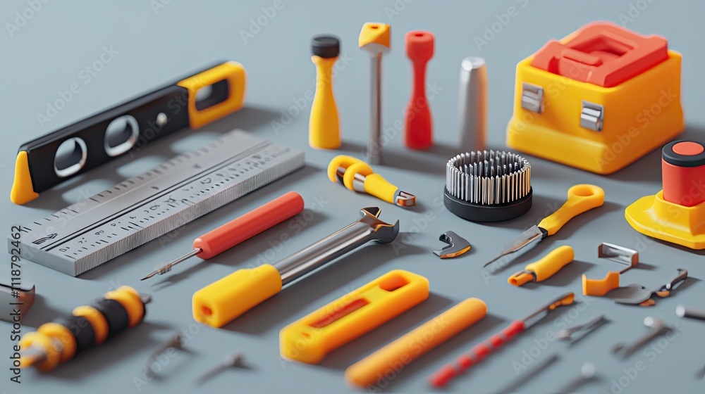 Poster a neatly arranged collection of colorful tools on a gray surface, showcasing various instruments for