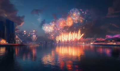 Fototapeta premium A modern New Year's Eve fireworks display glowing over a sleek futuristic harbor, vibrant reflections on the water,