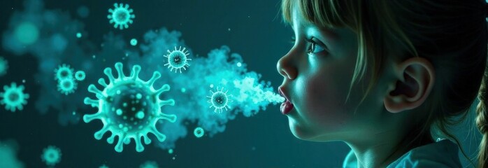 A child exhaling with glowing viruses shown in the air, emphasizing disease transmission, on a dark background. Concept of respiratory infections