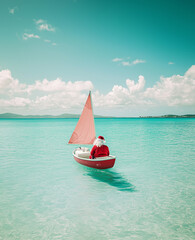 Santa sails in his little sailboat on the clear blue waters  with small islands and yachts visible in the background.