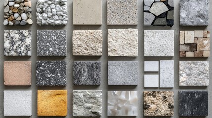Variety of stone and tile samples displayed in an orderly grid pattern on a flat surface.