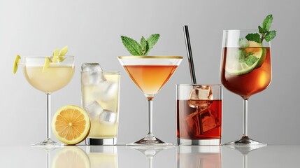 Fototapeta premium A diverse selection of colorful cocktails on a sleek white surface.