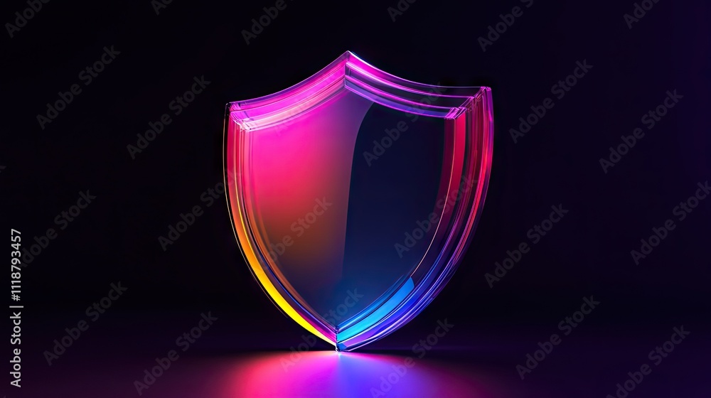 Poster glowing multicolored shield on a dark background symbolizing digital protection and security.