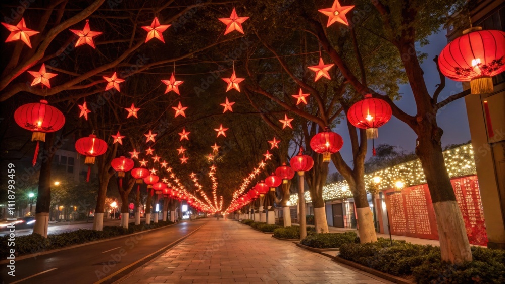 Aufkleber celestial decor a wide street adorned with a mix of large lanterns and smaller ling lights that hang