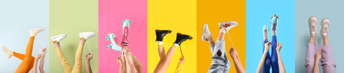 Collage of woman's legs with stylish shoes and roller blades on color background