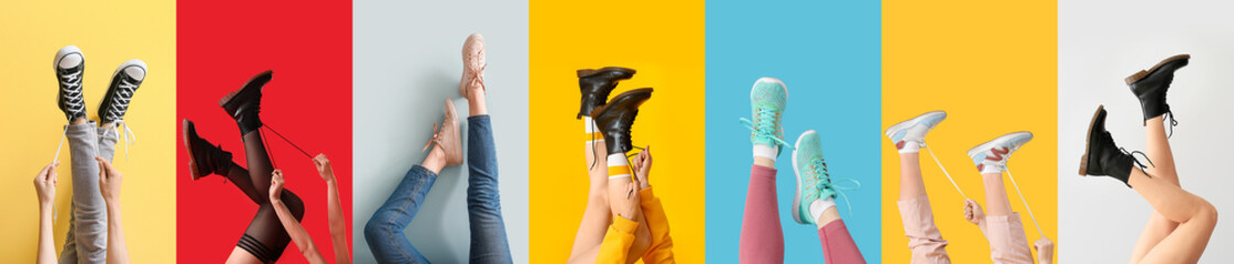 Collage of woman's legs with stylish shoes on color background