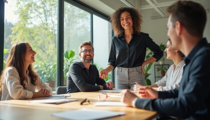 A vibrant team meeting unfolds in a sunlit office, where a confident woman stands at the center, engaging her colleagues with a warm smile. The atmosphere is filled with camaraderie and creativity, as