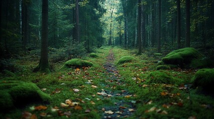 Obraz premium Moody forest path with moss and fallen leaves.