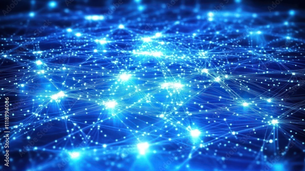 Poster dynamic web of interconnected dots and lines on vibrant blue. technology and communication network i