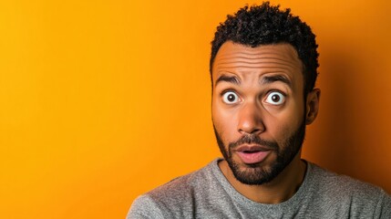 Obraz premium expressive portrait of perplexed man against vibrant orange backdrop dynamic composition highlighting facial features and emotions with bold color contrast
