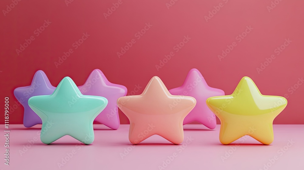 Poster colorful 3d star objects in pastel tones against a soft pink background.