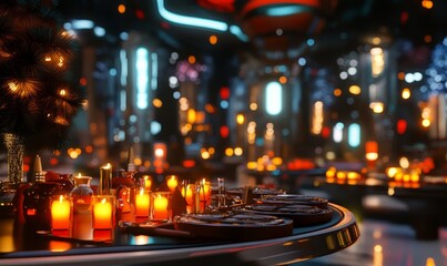 A futuristic Kwanzaa table with glowing candles and high-tech decor in a vibrant, modern community setting,