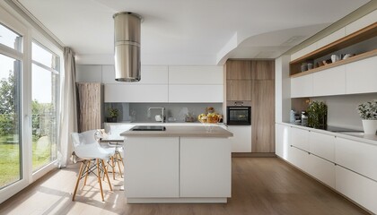 Fototapeta premium How to Create a Stylish and Functional Kitchen Workspace in Your White and Neutral Contemporary Kitchen for Efficiency