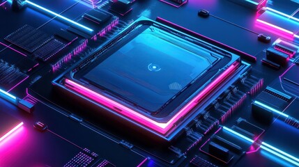 Obraz premium Futuristic ai chip with neon lights and digital data stream