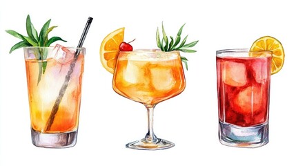Three refreshing watercolor cocktails with citrus garnishes, evoking a vibrant and tropical summer mood.