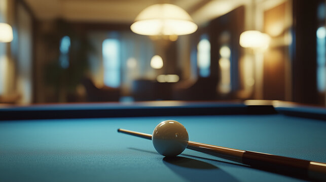 St&oacute;ł bilardowy z kijem i kulą w luksusowym wnętrzu klubu sportowego.